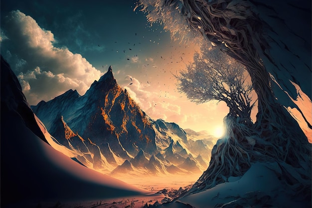 Oeuvre numérique d'un magnifique et surréaliste paysage de montagnes