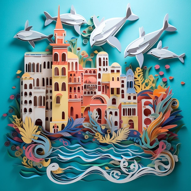 Oeuvre en papier Dauphins Plage Oeuvre aux couleurs vives Oeuvre en papier Océan