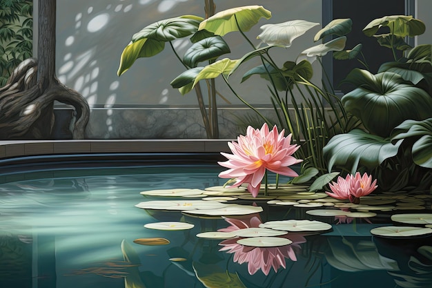 L'œuvre représente une piscine sereine contenant une pierre zen et un nénuphar dans un encore spainspired li