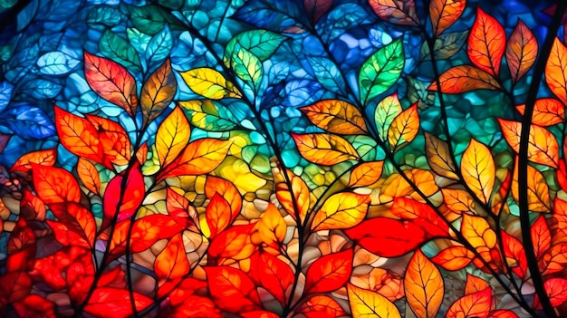 Oeuvre de vitraux colorés avec des feuilles colorées