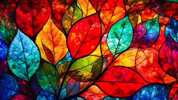 Oeuvre de vitraux colorés avec des feuilles colorées