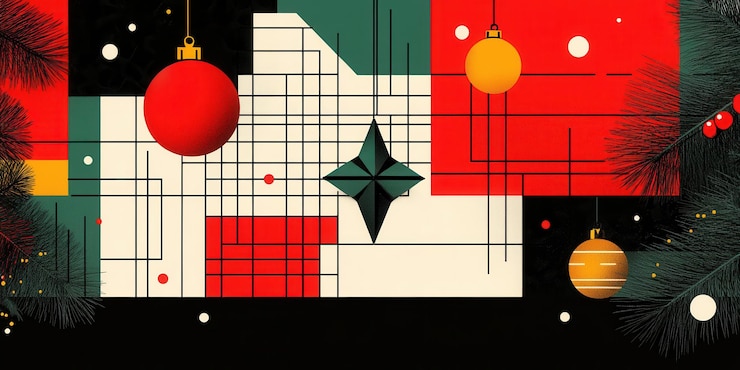 Photo des œuvres d'art abstraites géométriques colorées avec des décorations de noël et des vibrations de vacances