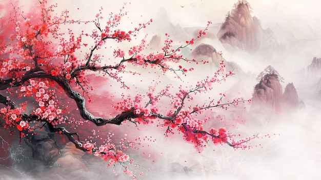 Des œuvres d'art asiatiques traditionnelles représentant des prunes en fleurs au printemps