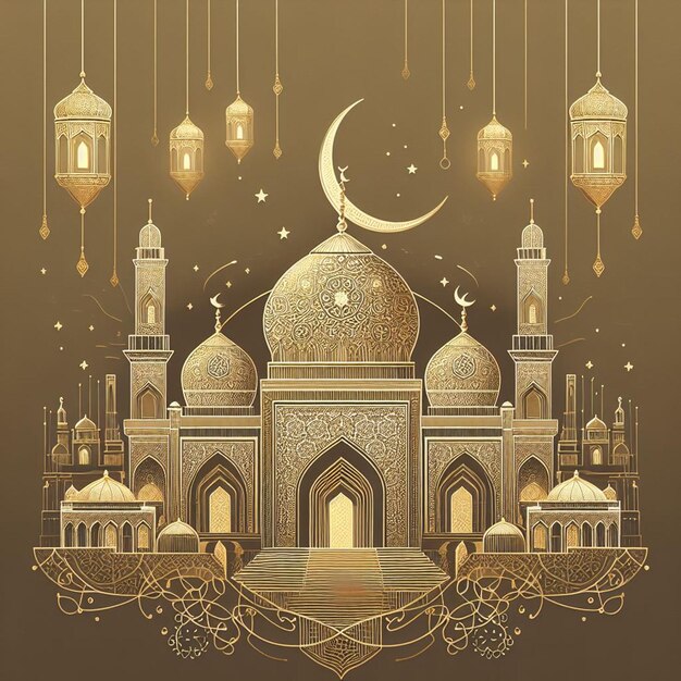 Photo Œuvres d'art du ramadan détaillées de la mosquée suspendant des lanternes lune mince humeur festive