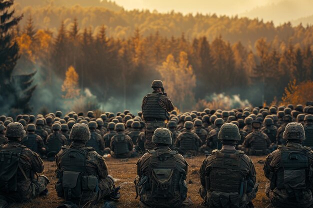 Officier commandant s'adressant à un grand groupe de soldats assis dans un champ d'arbres d'automne