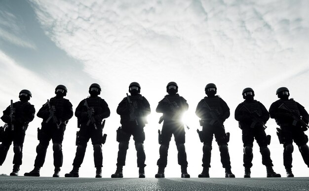 Officier de l'équipe SWAT de l'unité spéciale de police debout dans une rangée équipe masquée d'officiers de police SWAT armés