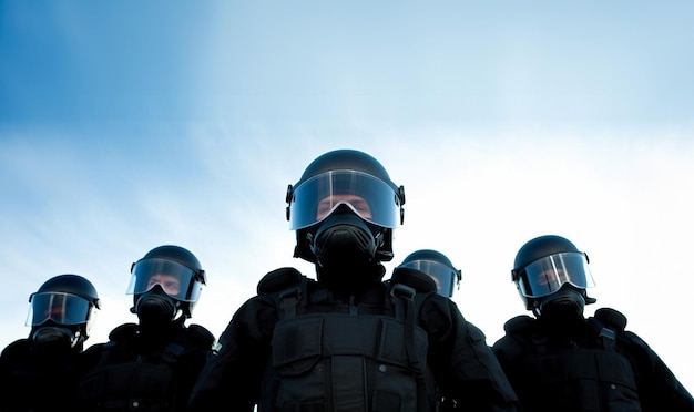 Officier de l'équipe SWAT de l'unité spéciale de police debout dans une rangée équipe masquée d'officiers de police SWAT armés