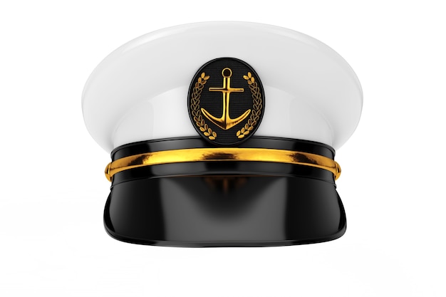 Photo officier de marine, amiral, chapeau de capitaine de navire de la marine sur fond blanc. rendu 3d