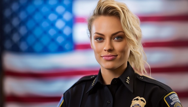 Officier de police féminin d'Amérique Portrait d'une belle femme blonde en uniforme de police doré