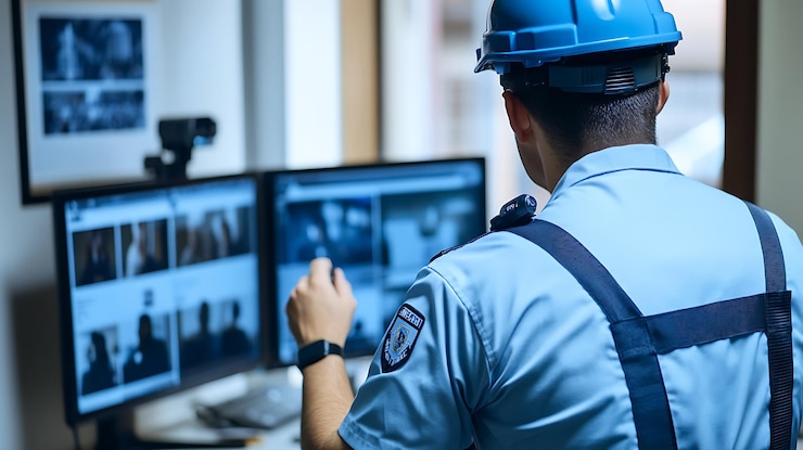 Photo officier de sécurité surveillant les écrans de surveillance