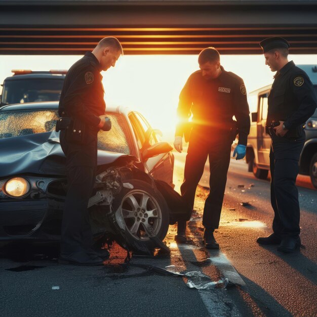 Des officiers inspectant une voiture endommagée au coucher du soleil capturant l'intense moment après la collision