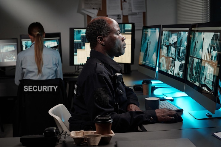 Photo officiers travaillant dans la salle de surveillance