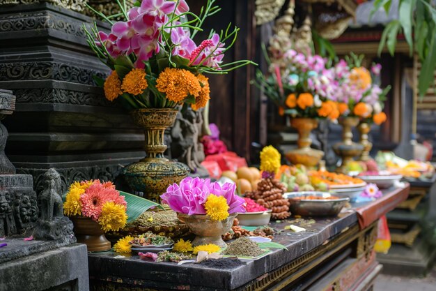 Photo offres colorées au temple avec des fleurs et des fruits