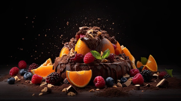 Offrez-vous un dessert au chocolat fruité qui emballe une explosion de saveur Capturé dans un style de photographie culinaire sur un fond sombre AI générative