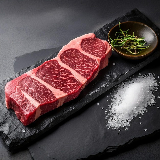 Offrez-vous le luxe avec cette vue de dessus d'un steak japonais cru wagyu A5 sur une ardoise avec du sel AI