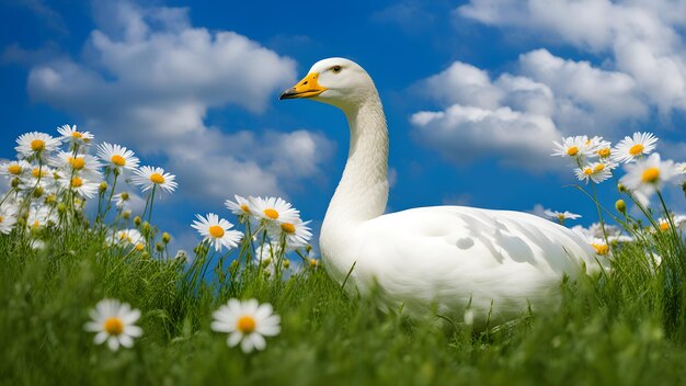 une oie blanche dans l'herbe avec des marguerites blanches contre le ciel