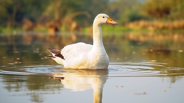 Une oie blanche nage dans le lac