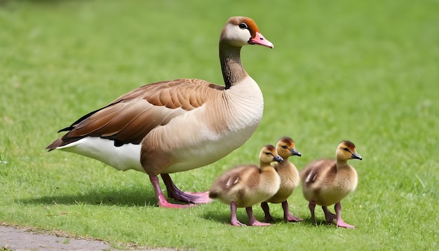 Photo oie égyptienne alopochen aegyptiacents bébés marchant sur l'herbe près de l'eau