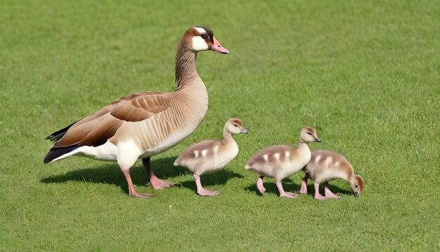 Photo oie égyptienne alopochen aegyptiacents bébés marchant sur l'herbe près de l'eau