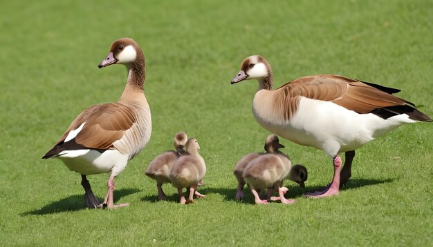 Oie égyptienne alopochen aegyptiacents bébés marchant sur l'herbe près de l'eau