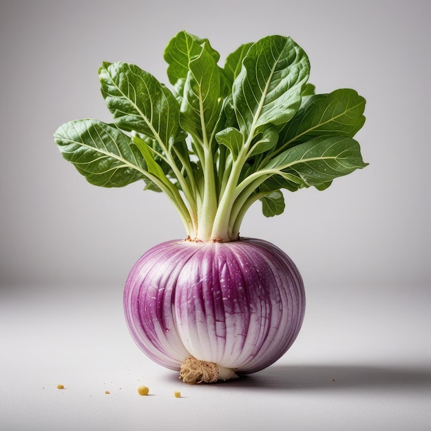 un oignon violet avec une feuille verte dessus