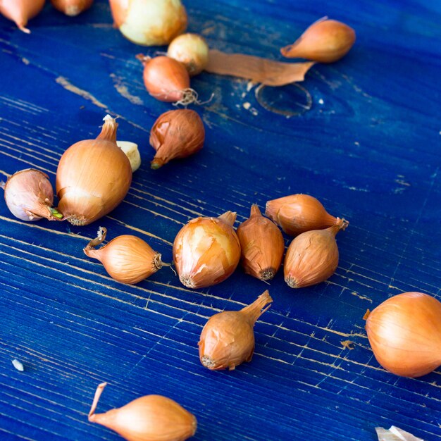 Oignons bruts bruns sur une vieille planche en bois bleue