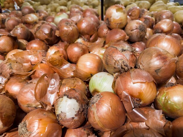 Oignons frais au supermarché Légumes et fruits exposés au choix du consommateur