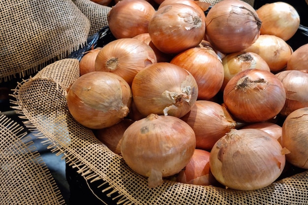 Oignons frais recueillis sur des sacs en toile de jute