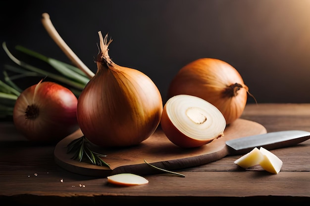 Oignons sur une planche à découper avec un couteau et un couteau sur le côté