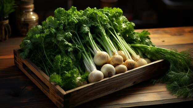 Oignons de printemps verts sur table en bois