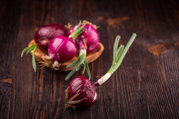 Oignons rouges sur bois rustique