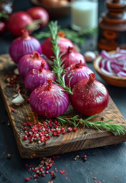 Oignons rouges et épices sur une planche à couper en bois