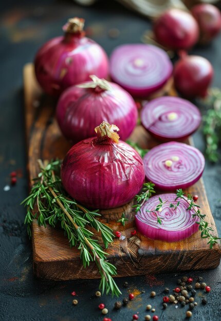 Oignons rouges et herbes sur une planche à couper en bois