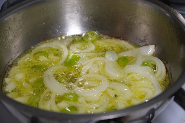 Oignons tranchés dans une casserole sur une cuisinière.