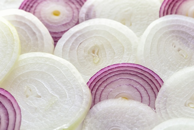 Les oignons violets et blancs sont coupés en cercles