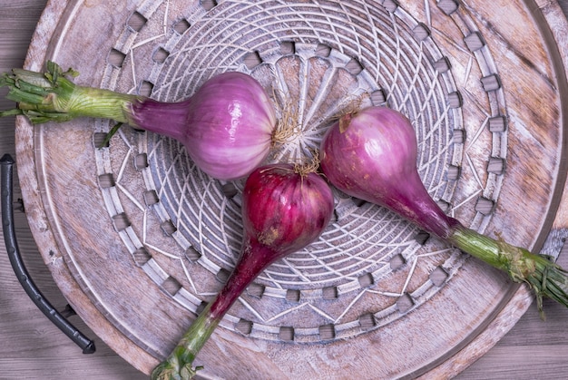 Oignons violets de nouvelle saison sur plateau en bois.