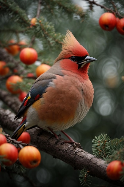 Un oiseau à ailes de cire bohémien assis sur une branche avec des feuilles et des fleurs dans le fond naturel