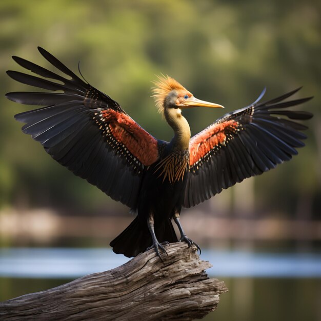 Photo un oiseau avec des ailes déployées sur une bûche