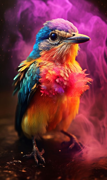 Un oiseau ara avec des gouttelettes de fumée sur eux ai générative de couleurs vibrantes