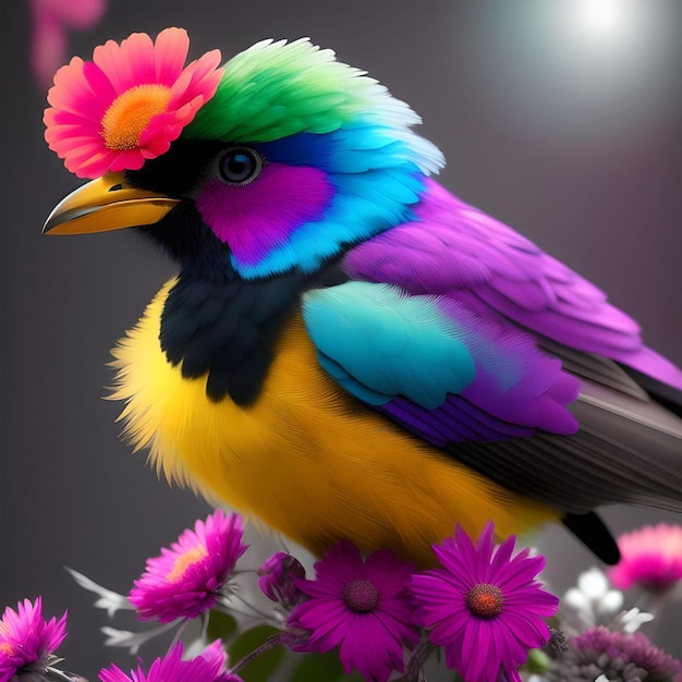 Oiseau assez coloré avec crête et fleurs Portrait Illustration Art
