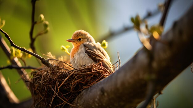 un oiseau assis au sommet d'un nid dans un arbre