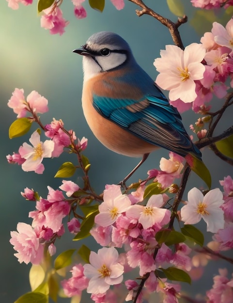 un oiseau assis sur une branche d'un arbre avec des fleurs
