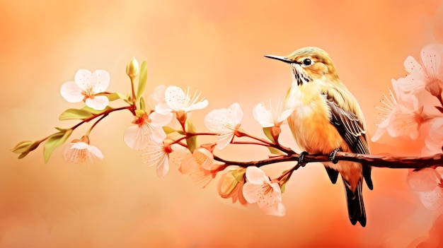 Photo un oiseau assis sur une branche d'un arbre sur un fond de fous de pêche