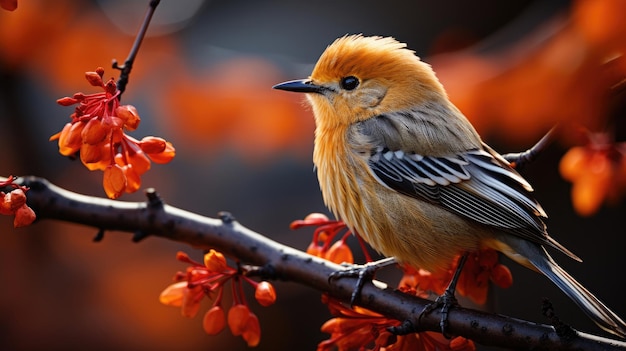 un oiseau assis sur une branche d'un arbre rouge jaune orange génératif Ai
