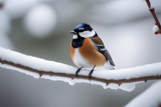 Un oiseau assis sur une branche couverte de neige