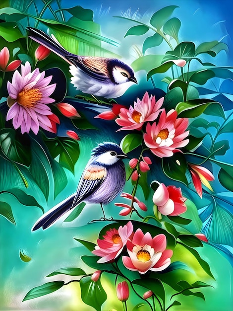 Oiseau assis sur une branche florale rose.