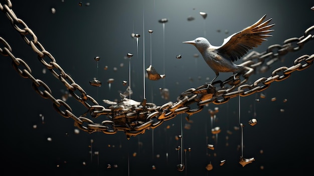 Oiseau assis sur une chaîne sur un fond sombre