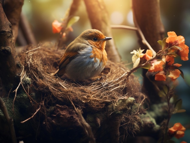 Oiseau assis dans un nid sur une branche d'arbre