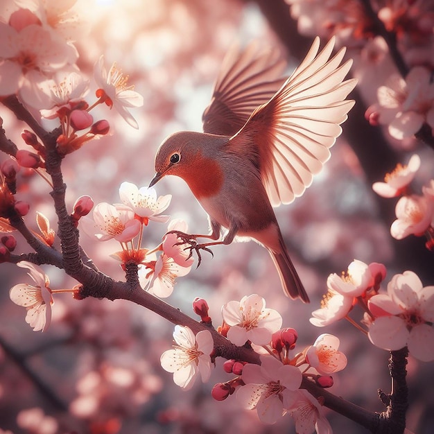 Photo un oiseau atterrissant sur une branche de cerise en fleur