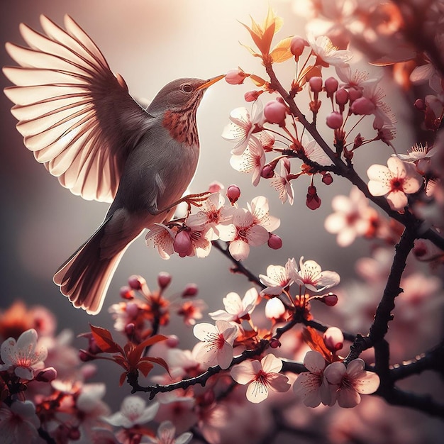 Photo un oiseau atterrissant sur une branche de cerise en fleur